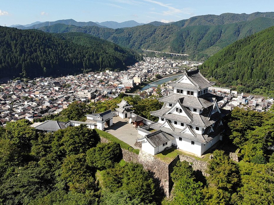 今は「日本最古の木造再建城」として人気の郡上八幡城。関ケ原の戦い後、遠藤慶隆が初代郡上藩主として治めた。郡上八幡城の合戦では右側の搦手から金森軍が、吉田川を挟んだ左側の赤谷山方面から遠藤軍が攻め込んだ=郡上市八幡町(小型無人機より)