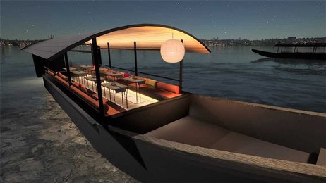 千P⑫夕日にボートと鳥 ジグソーパズル 金属額 長良川の鵜飼？夕暮れに